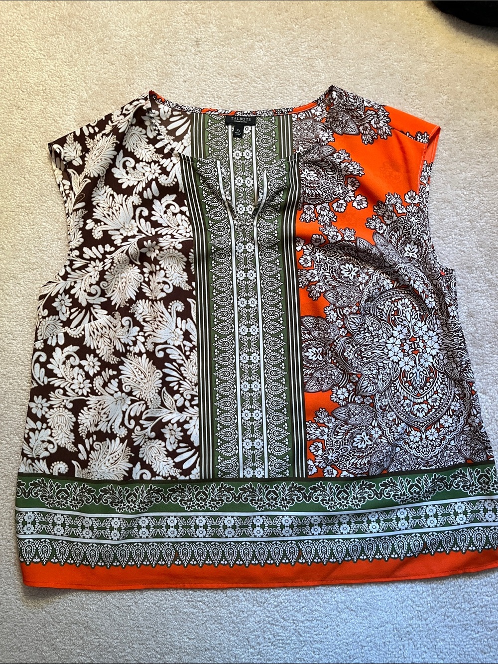Talbots Sleeveless Border Print Tank in Orange, Brown & Green Sz XP